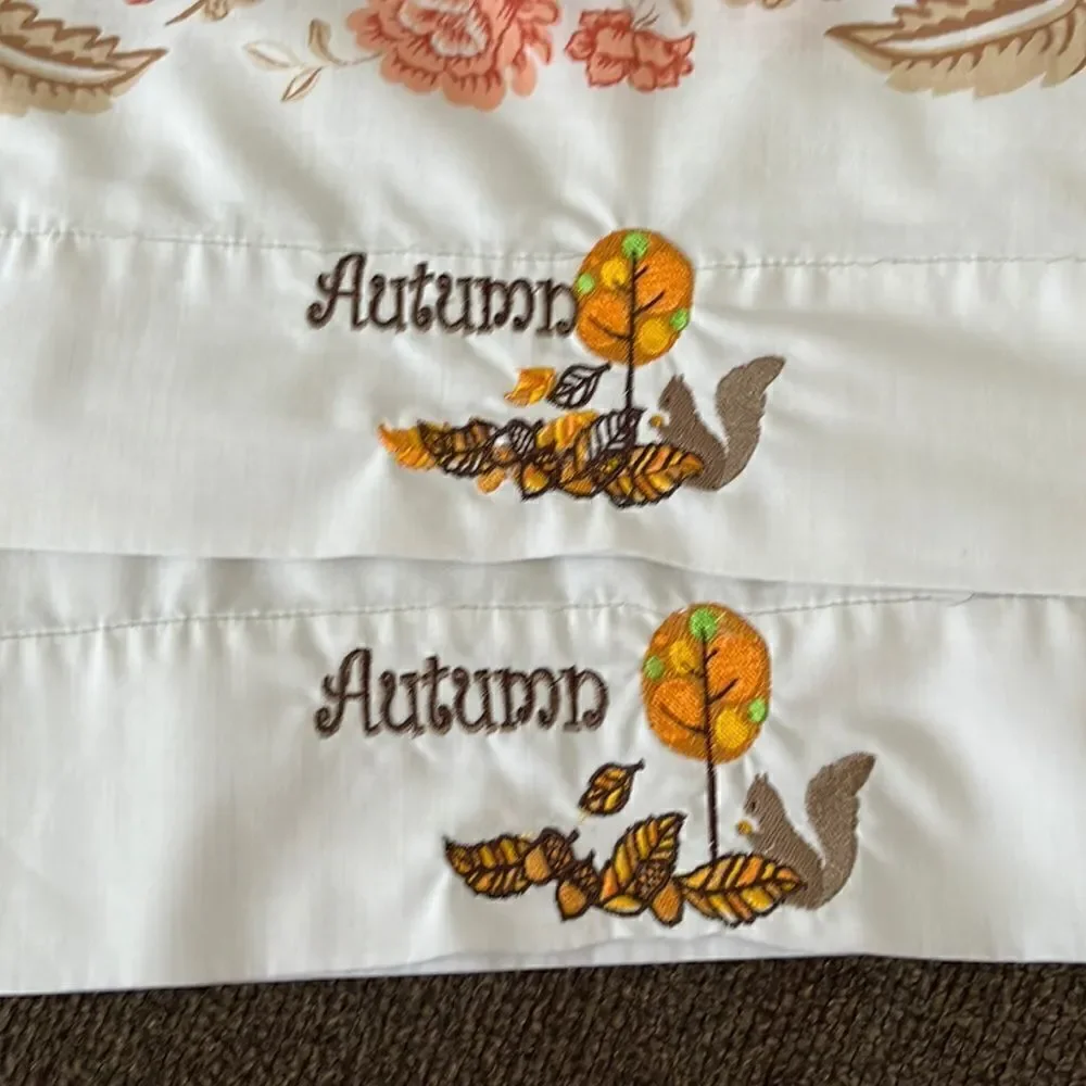 Set 2 Custom Autumn Embroidered White with Red/Brown Floral Accent Pillowcases